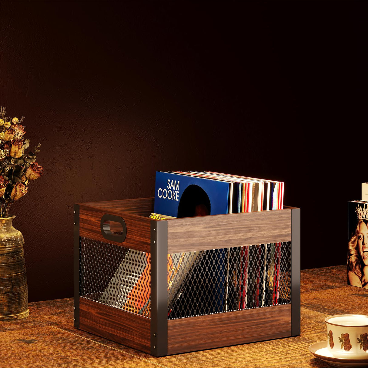 X-cosrack Vinyl Record Storage Crate, Wooden LP Album Shelf Vinyl Storage Cube Organizer Box X-cosrack