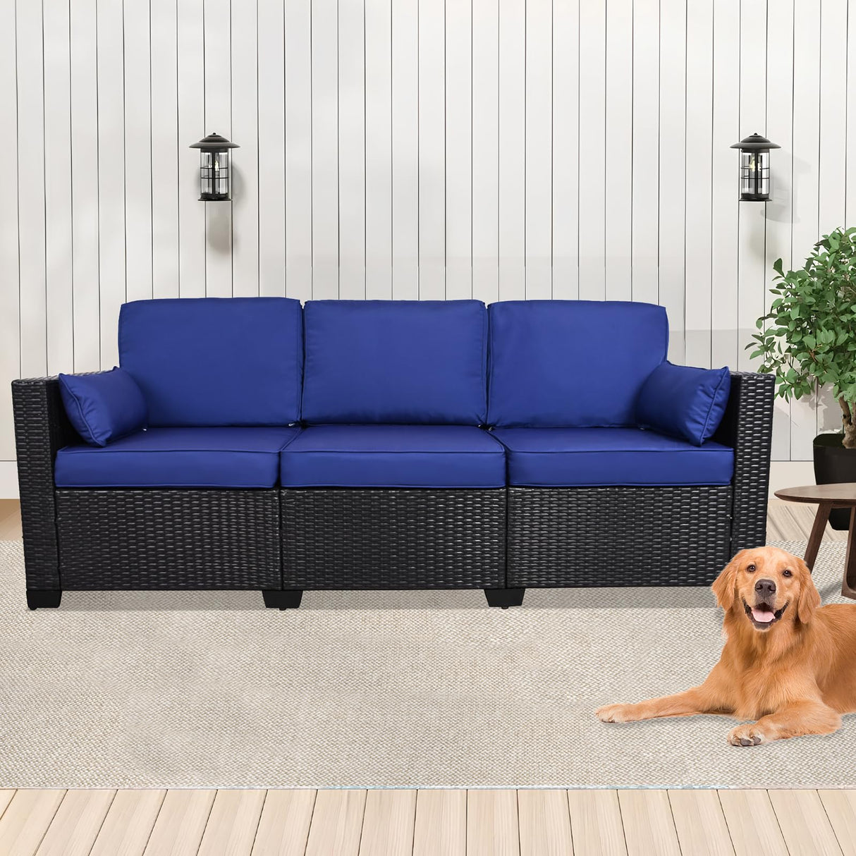 HISUKOY Outdoor Couch Wicker Patio Sofa, 3-Seat Sofa Patio Furniture Couch Outdoor Patio Sofa Seating Furniture for Garden,Backyard,Porch, Black-Blue HISUKOY