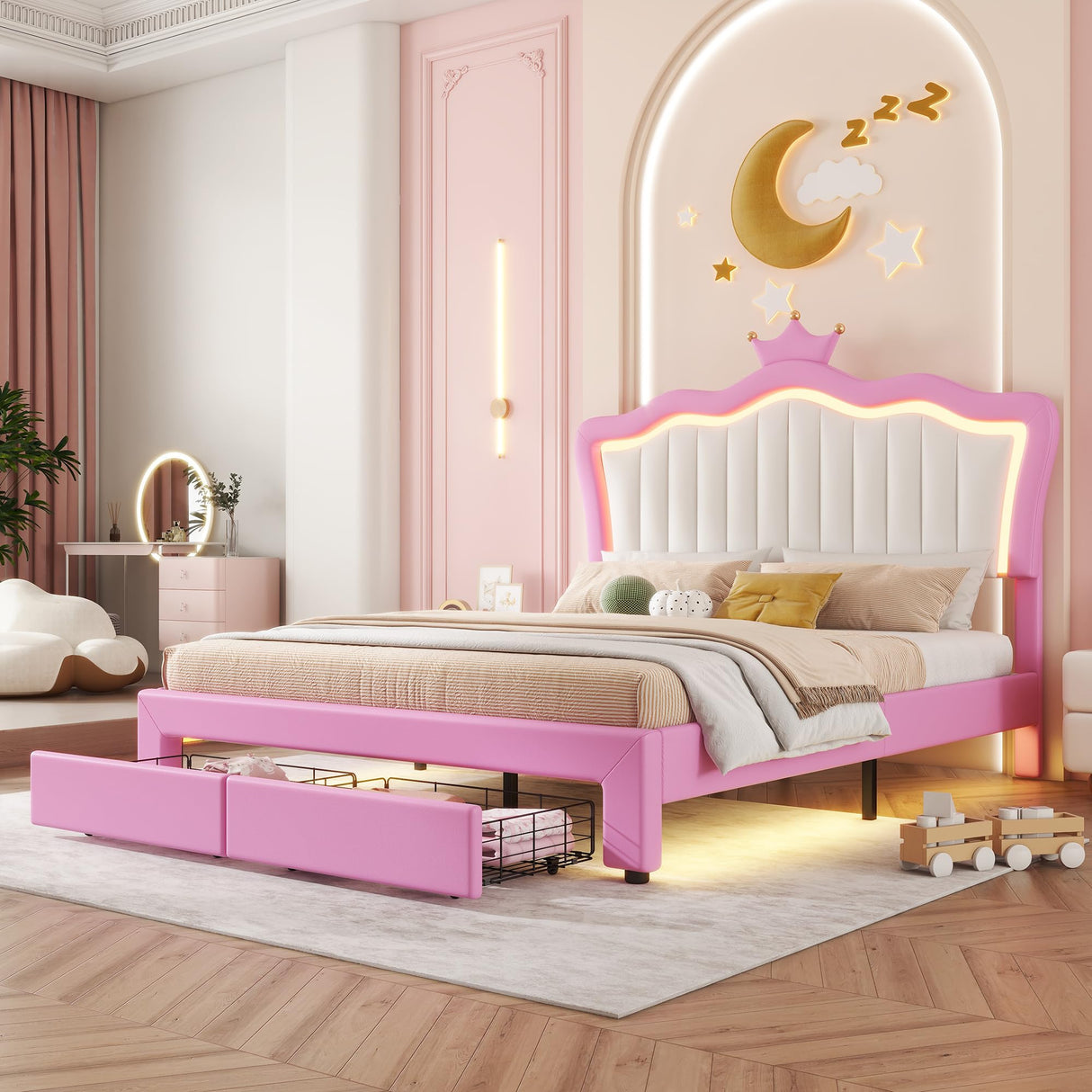 Crown Full Size Princess Bed with Storage Drawers for Girls,Cute Full Size Bed Frame for Kids,Full Upholstered Bed Frame with LED Lights,Girls Bed Full Size,Pink Bellemave