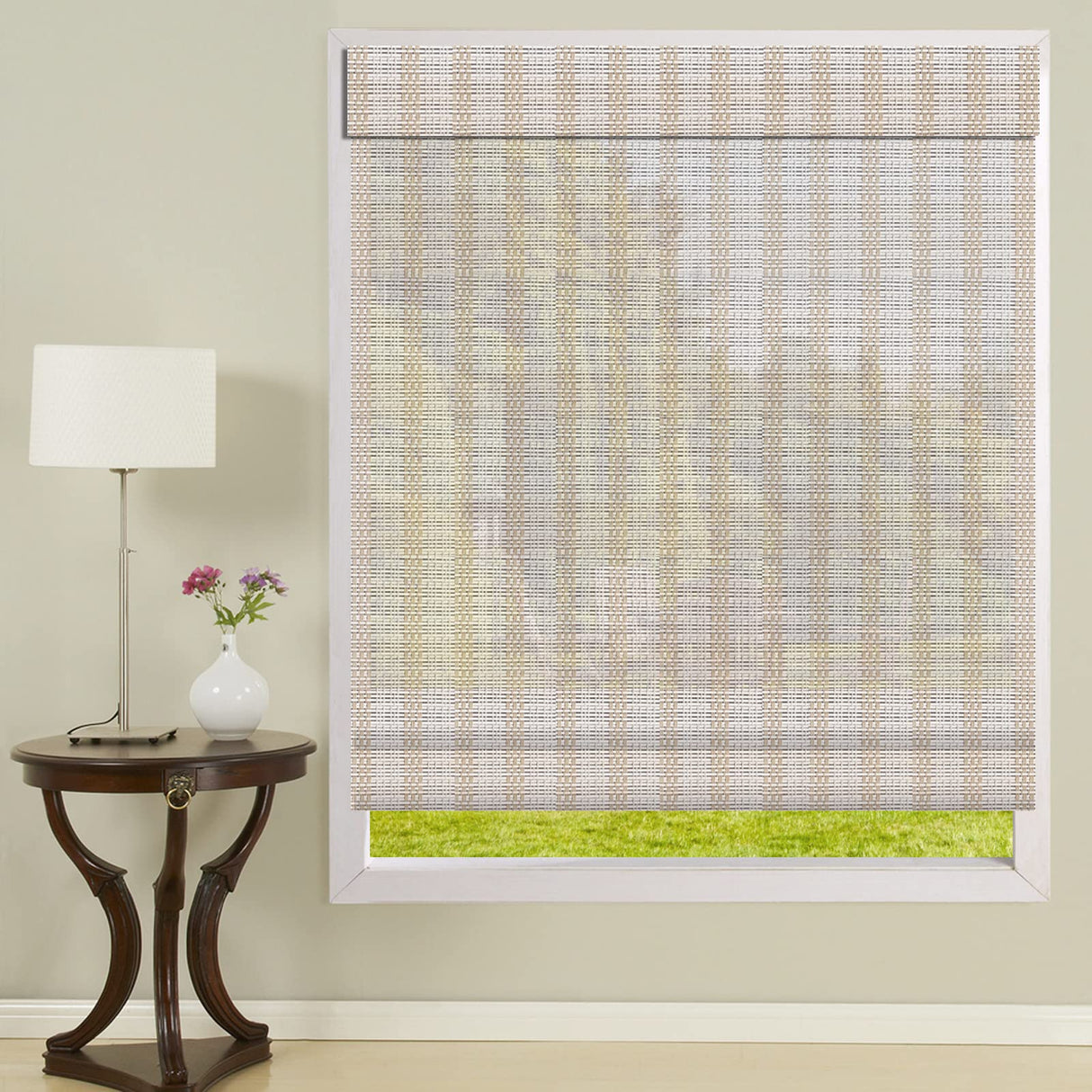 LANTIME Wood Window Roman Shades, Lined Blackout Bamboo Roman Shades Blinds, Easy Installation for Home and Garden, White LANTIME