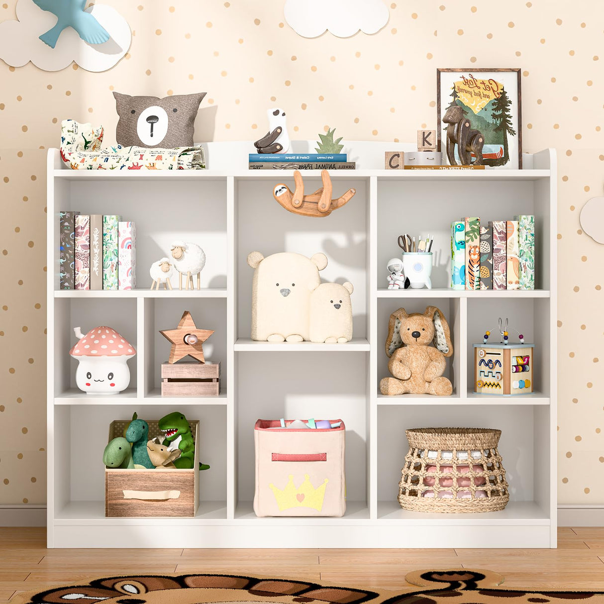 Vabches Kids Cube Bookshelf & Toy Storage Organizer, 3 Tier 10 Storage Cubes with Adjustable Shelf, White Wood Horizontal Cube Bookcase, Book Toy Display Cube Shelf for Kids Room Bedroom Nursery Vabches