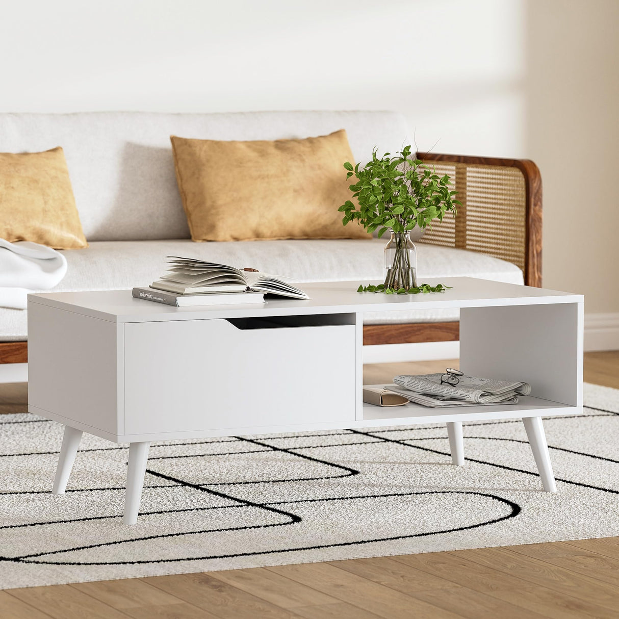 DIYART White Coffee Table, Mid Century Modern Coffee Table with Drawer & Shelf, 39'' Wooden Simple Console Table for Living Room DIYART