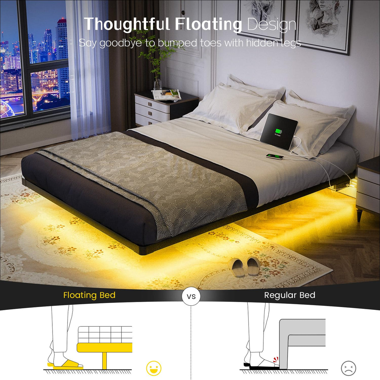 OLEVS Queen Size Floating Bed Frame with Smart LED Lights and Charging Station - Modern Metal Design, Easy Assembly, No Box Spring Required OLEVS
