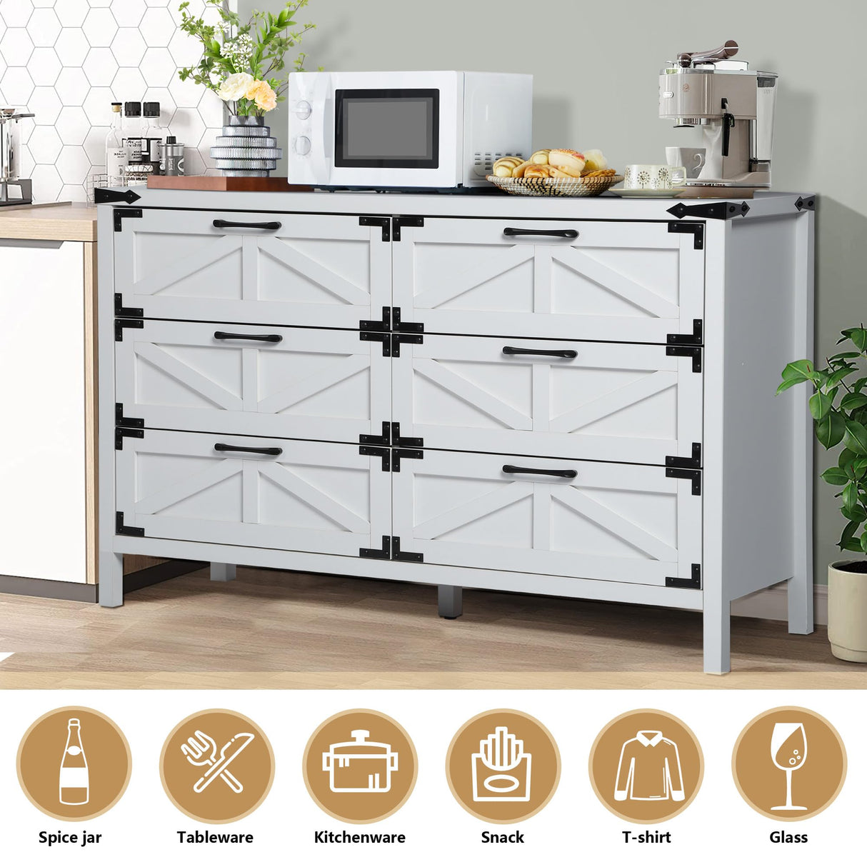 QHITTY 6 Drawers Dresser for Bedroom, Farmhouse Barn Chest of Drawers, Modern Storage Organizer Dresser for Bedroom, Hallway, Living Room QHITTY