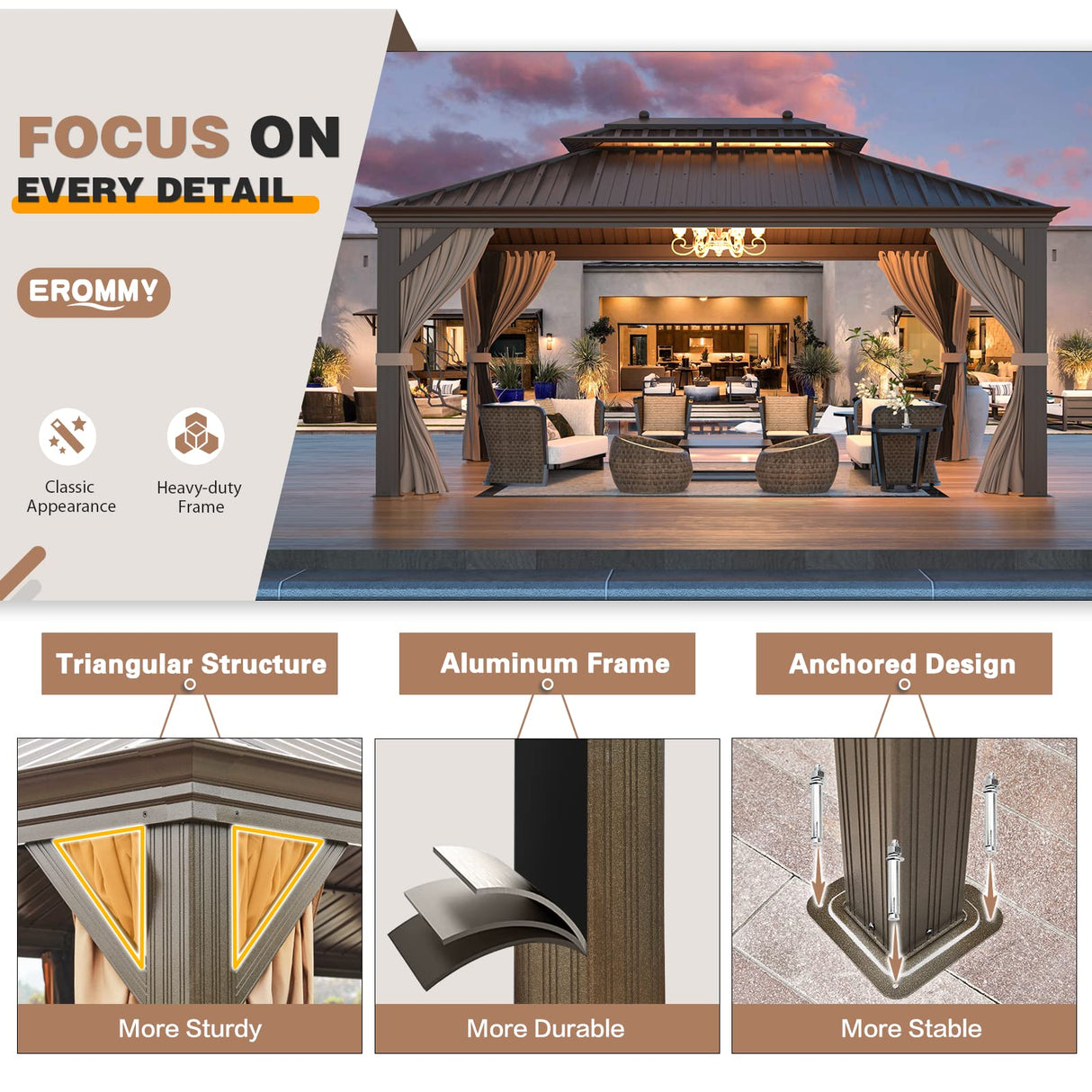 EROMMY 12'x16' Hardtop Gazebo Double Roof Galvanized Steel Canopy Outdoor Aluminum Frame Permanent Metal Pavilion with Netting and Curtains for Patio Backyard Deck and Lawns EROMMY