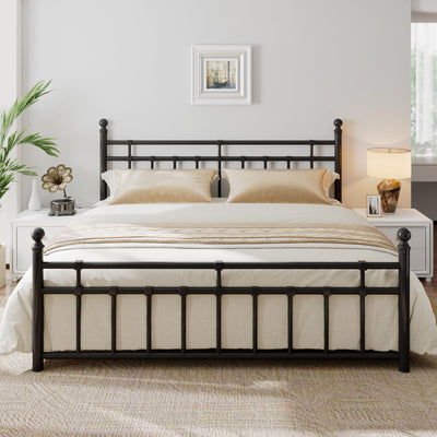 iPormis King Metal Bed Frame with Vintage Headboard and Footboard, Farmhouse King Size Bed Frame, Under Bed Storage, No Box Spring Needed, Noise-Free, Black