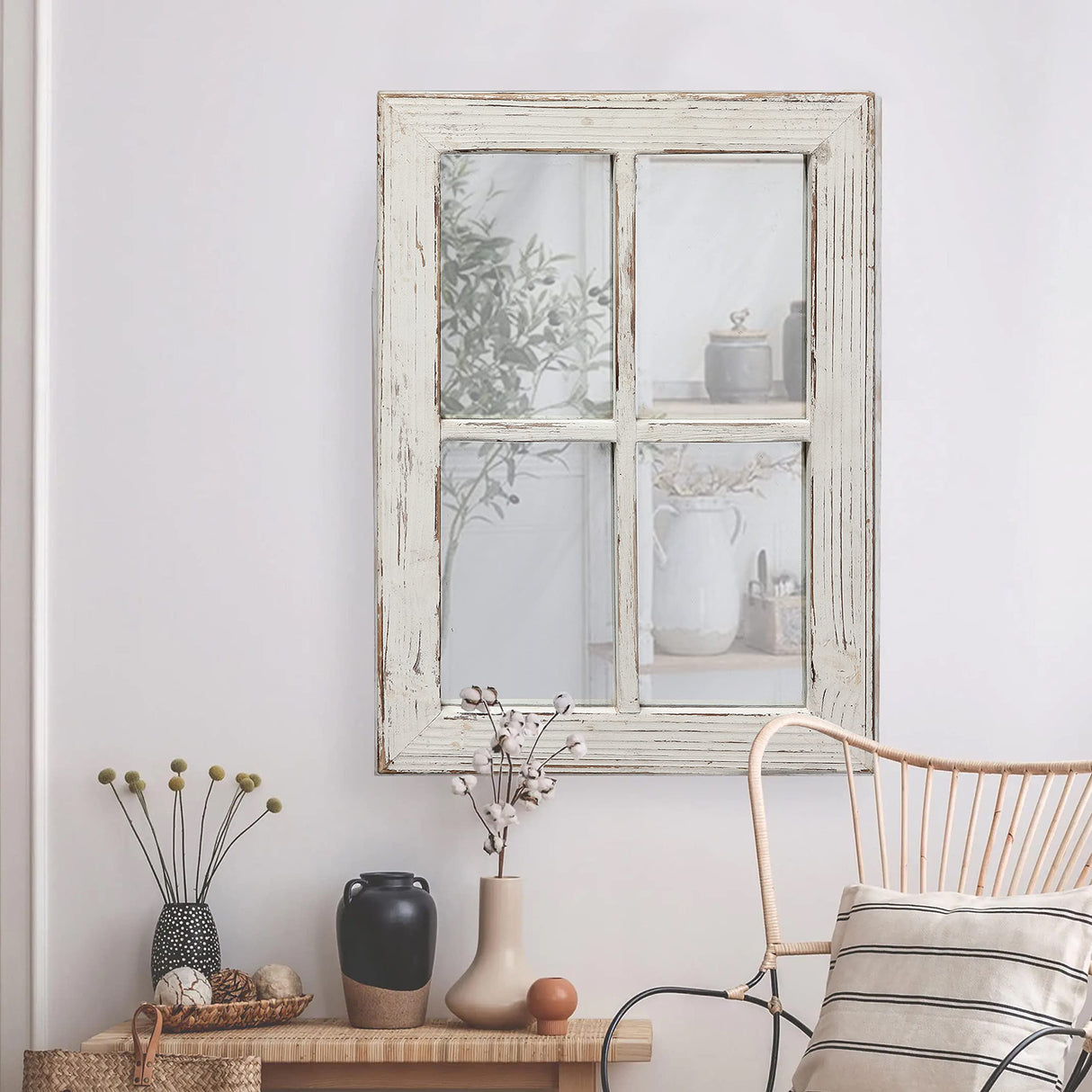 Sintosin Rustic Small Window Pane Mirror Wall Decor 11 x 16 inches, Hanging Distressed White Farmhouse Rectangle Wood Frame Mirror, Handmade Decorative Window Mirrors for Living Room Christmas Sintosin