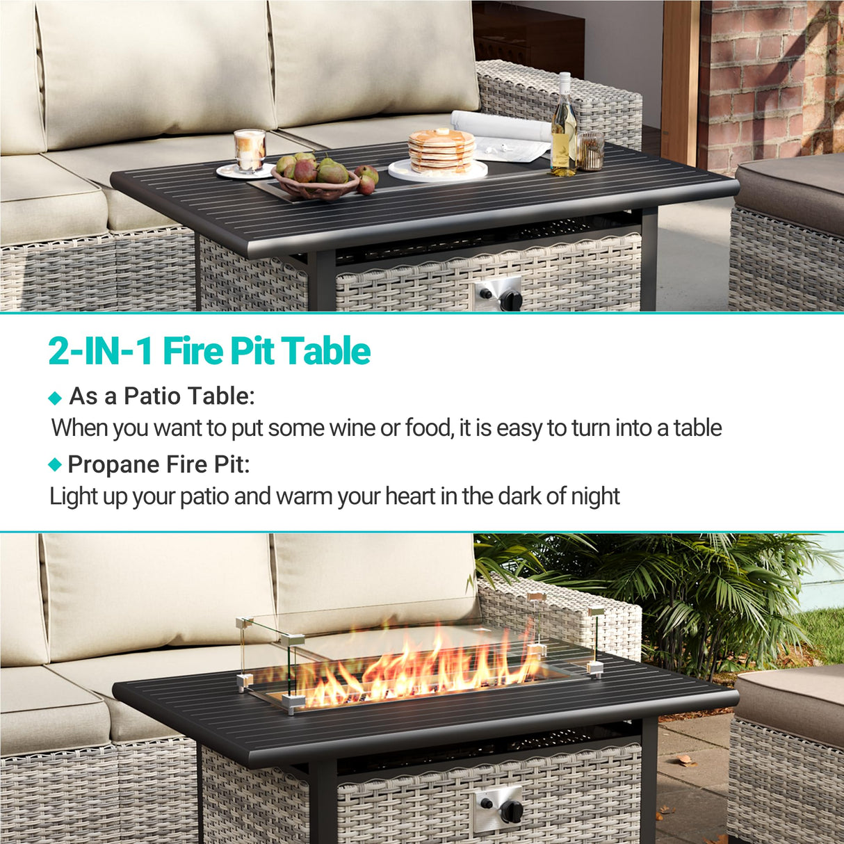 Muphyers 10-Piece Outdoor Patio Furniture Set with Rocking Swivel Chair, PE Wicker Rattan Sectional Sofa Patio Conversation Set with 55,000 BTU Fire Pit Table & Coffee Table, White Muphyers