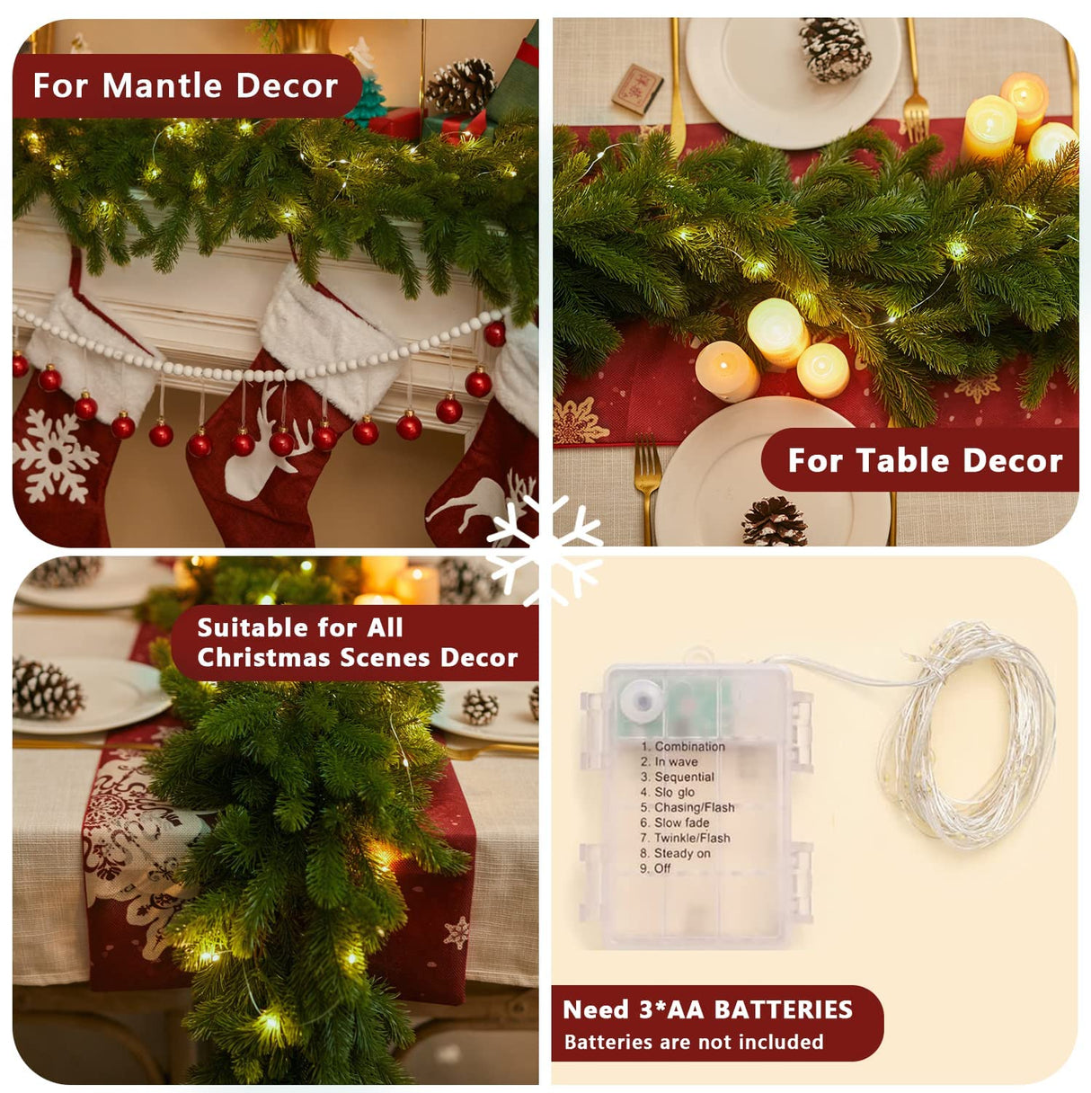 6FT Christmas Garland PARTY JOY Pine Garland with 9.8FT LED Lights String, Greenery Plant for Christmas Decorations Table Mantle Background Wall Room Outdoor Indoor Winter Decoration PARTY JOY