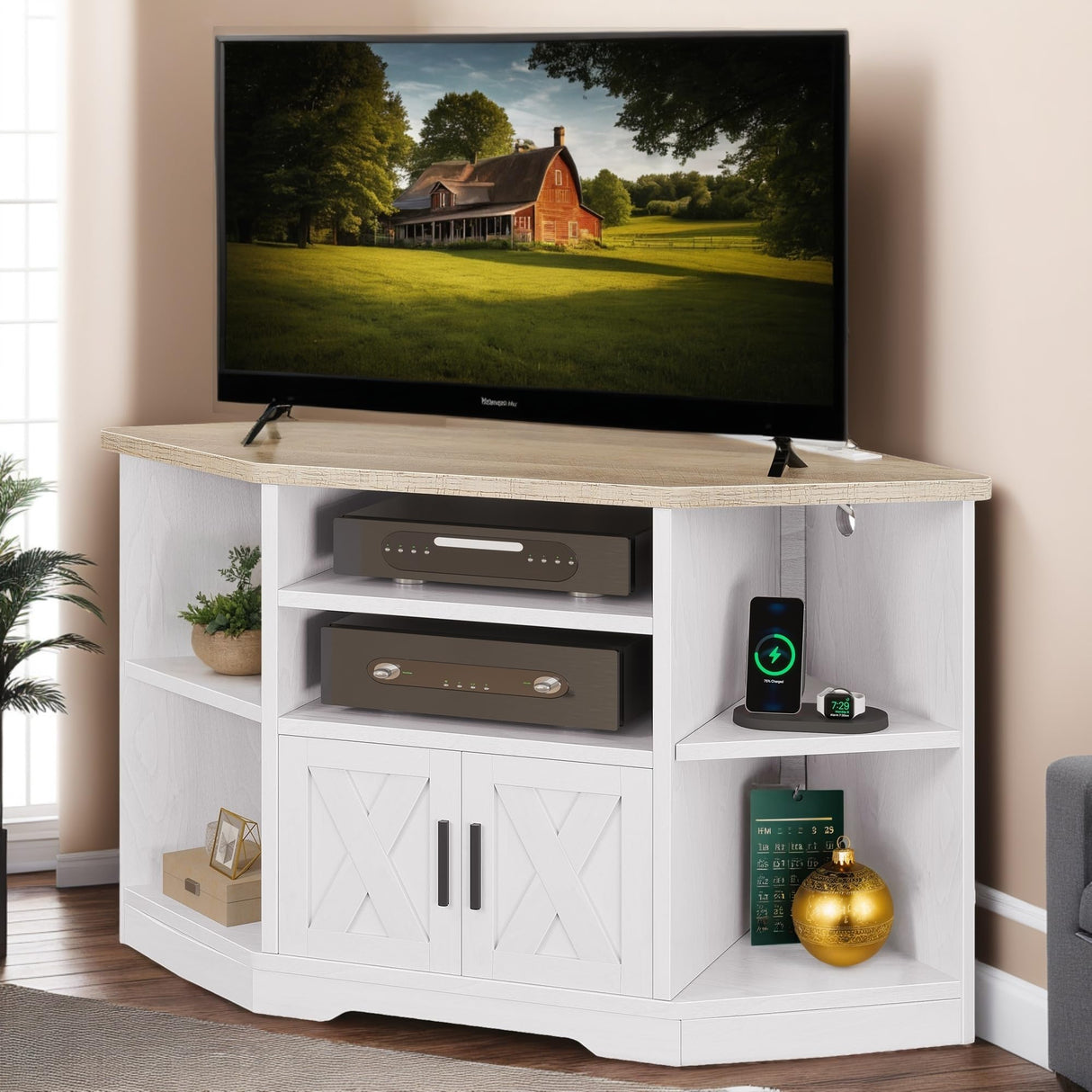 YITAHOME Corner TV Stand for 55/50 Inch TV, Farmhouse TV Stand for Living Room, Entertainment Center with Storage & Power Outlet, TV Console Cabinet for Living Room, Grey Wash & Grey White YITAHOME