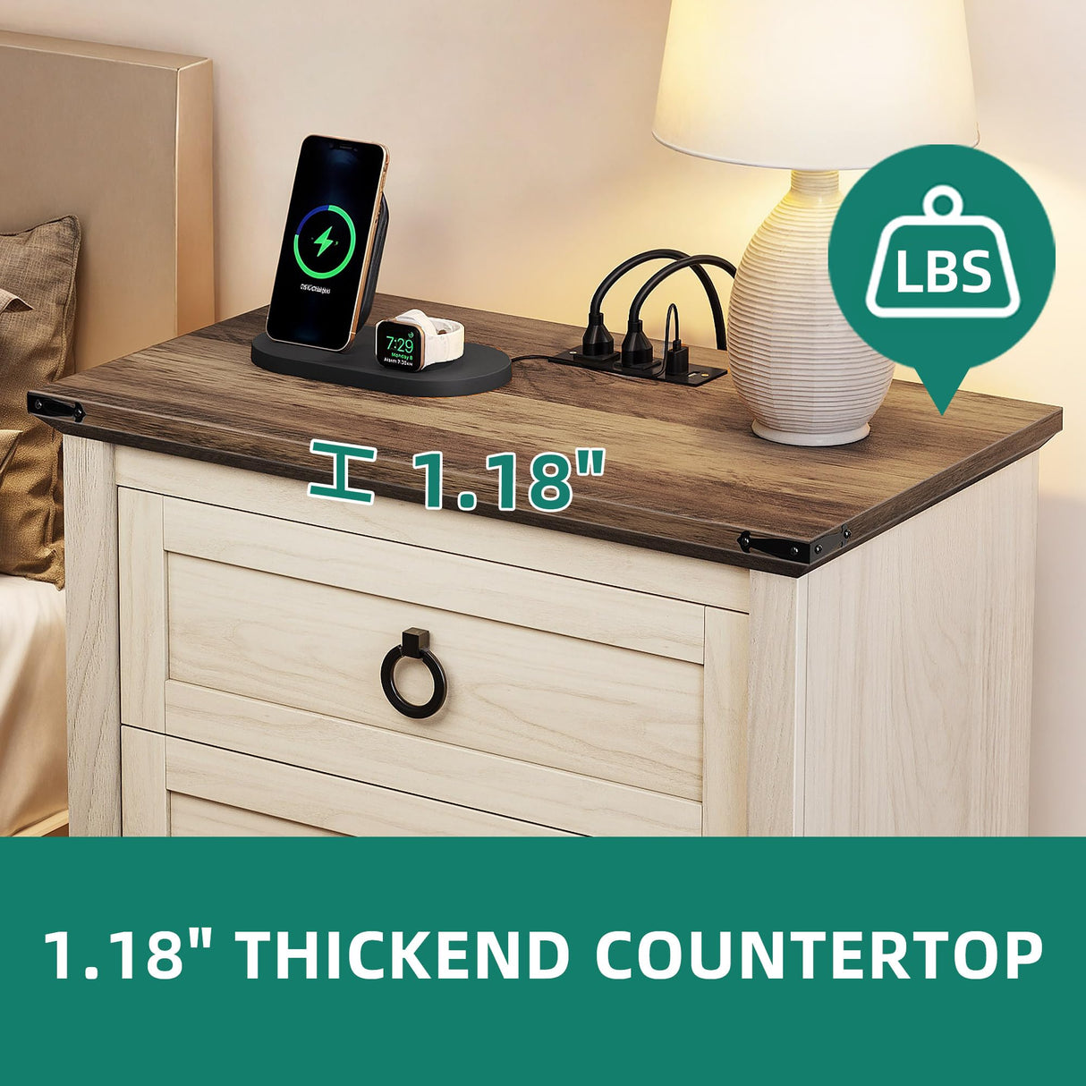 YITAHOME Farmhouse 3-Drawer Nightstand with Built-in USB Charging Ports, Open Shelf Storage Cabinet End Table for Sofa & Bed, Off-White & Walnut Grain Finish YITAHOME