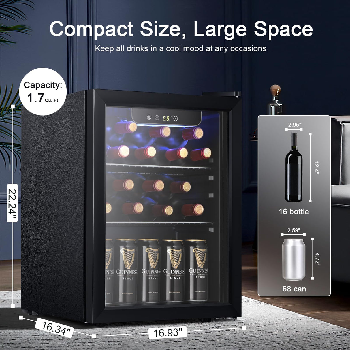 Antarctic Star Beverage Refrigerator Cooler,16 Bottle 66 Can Mini Fridge Glass Door for Beer Drinks or Wine for Home and Bar, Electronic Temperature Control, with Blue LED, 1.7 Cu.Ft Antarctic Star