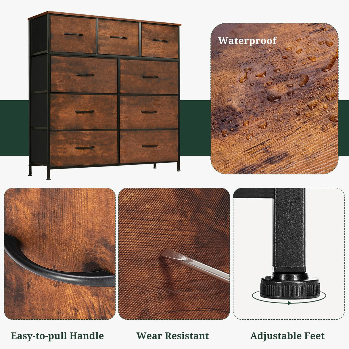 9-Drawer Dresser for Bedroom, Anti-Tip Tall Storage Organizer Chest of Drawers with Wooden Top and Metal Frame Fabric Bins for Closet, Living Room, Hallway, Entryway, Brown SageNest