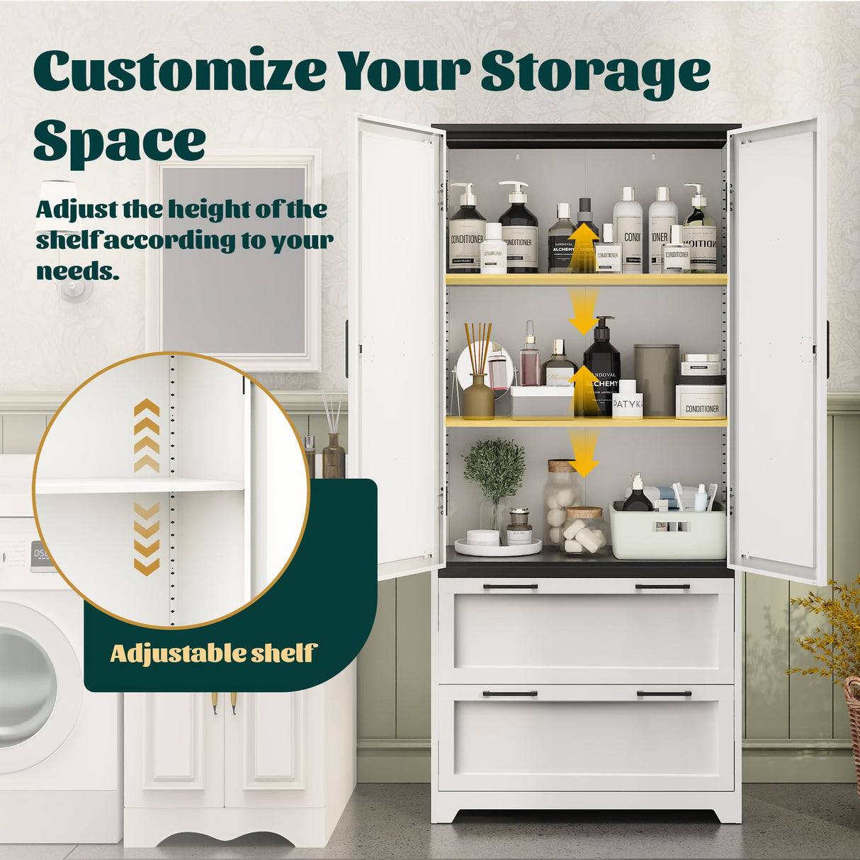 71" Tall Farmhouse Kitchen Pantry Cabinet with Barn Doors and 2 Drawers,Kitchen Storage Cabinets with Adjustable Shelves,Storage Cabinet with Doors and Shelves for Dining Room,Living Room,Bathroom Kelueo