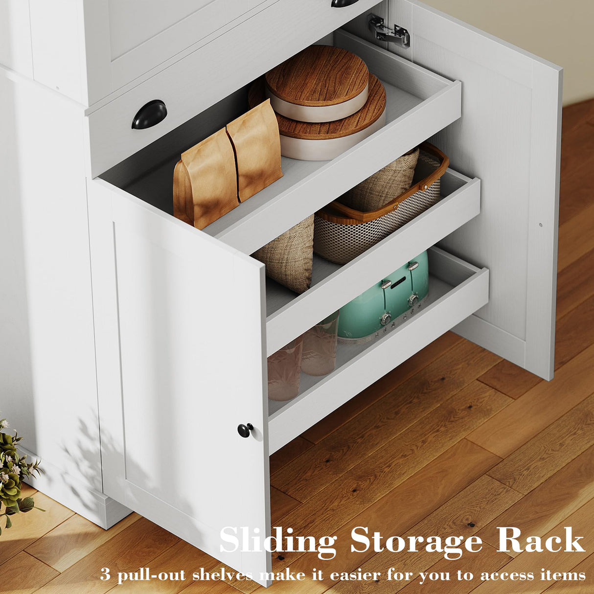 IRONCK Kitchen Pantry Cabinet with Sliding Storage Rack and 6 Hanging Shelves, 72" Height Tall Freestanding Cupboard for Living Room, Dining Room, Laundry, White IRONCK