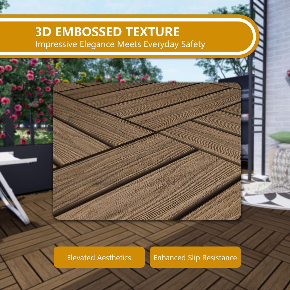 Feilingwood Composite Wood Patio Deck Tiles-12" x 12" Composite Deck Tiles 20 PCS, All Weather Waterproof Outdoor Interlocking Flooring Tile for Balcony, Backyard, Porch (Golden Teak) feilingwood