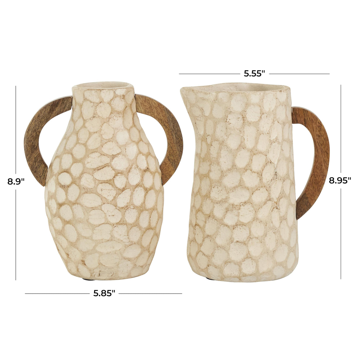 Deco 79 Paper Mache Decorative Vase Honeycomb Inspired Jug Centerpiece Vases with Brown Wooden Handles, Set of 2 Flower Vases for Home Decoration 6" W,9" H, Beige Deco 79