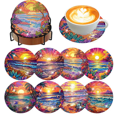 Meothan 8 Pcs Diamond Art Coasters kit with Holder Cork Pads, Diamond Dot Art Painting Coasters Kit for Adults (Sunset Beach)