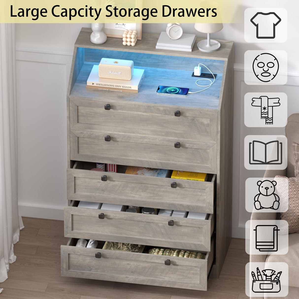 Wodeer Grey Dresser Tall 5 Drawer Dresser for Bedroom, Wood Chest of Drawers with LED Lights, Charging Station, Metal Handles, Modern Storage Cabinet and Organizer Drawers for Living Room, Hallway Wodeer