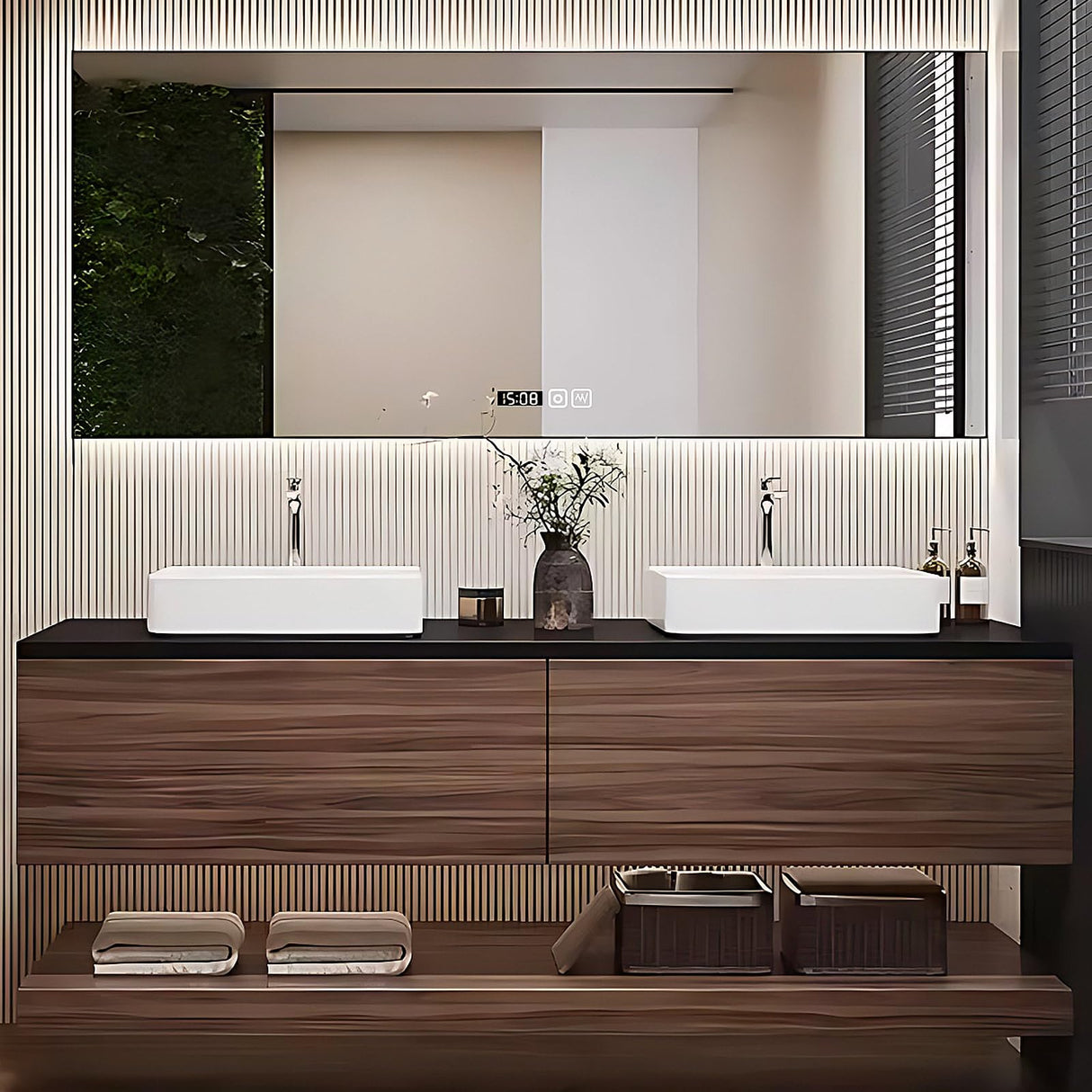 High QLO 60 Inch Bathroom Vanity with Double Sinks - Floating Log Style Modern Panel Design,Wall Mouted Cabinet with Double Ceramic Countertop Basins | Open Storage Rack and LED Smart Defog Mirror High QLO