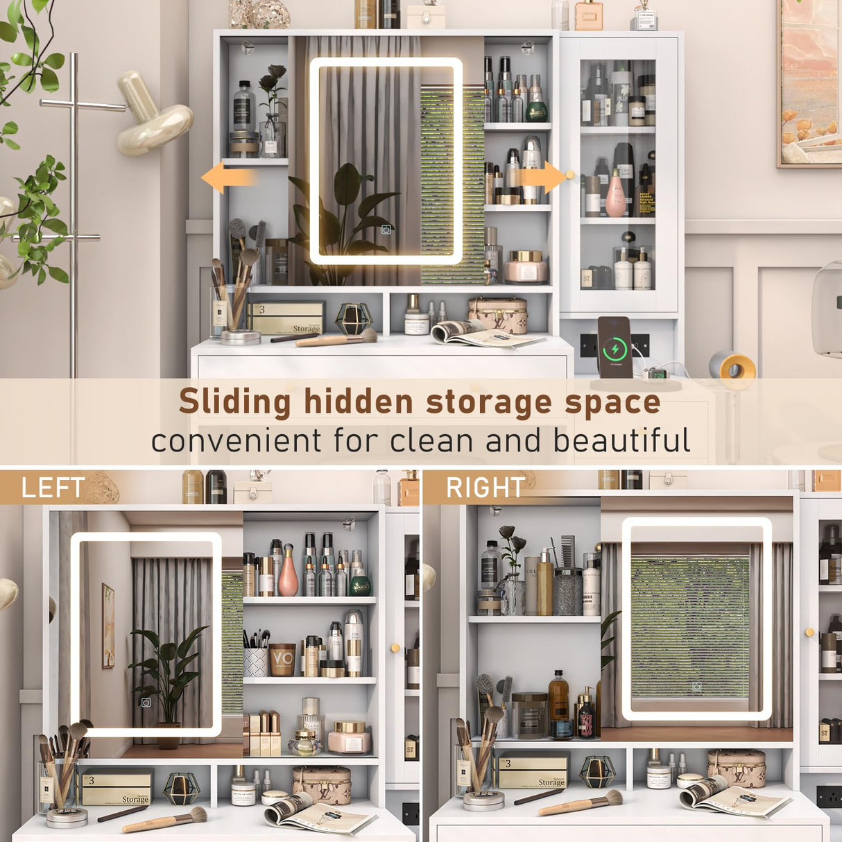 Vanity Desk with Lights & Sliding Mirror, Modern Vanity Makeup Mirror Desk with Charging Station 2 Drawers 2 Doors, Lots Storage Shelves, Large Vanity Set with Cushioned Stool for Girls & Women, White jiteentarou