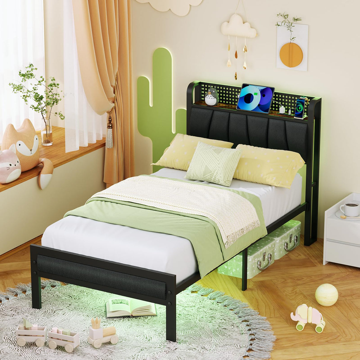 Furnulem Twin Size Bed Frame with LED Lighting, Charging Station, and Upholstered Storage Headboard in Grey Furnulem