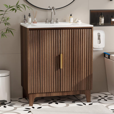 VINGLI 30Inch Walnut Fluted Bathroom Vanity with Ceramic Sink, 2-Door Cabinet, Mid-Century Modern Style, Perfect for Medium to Small Bathrooms