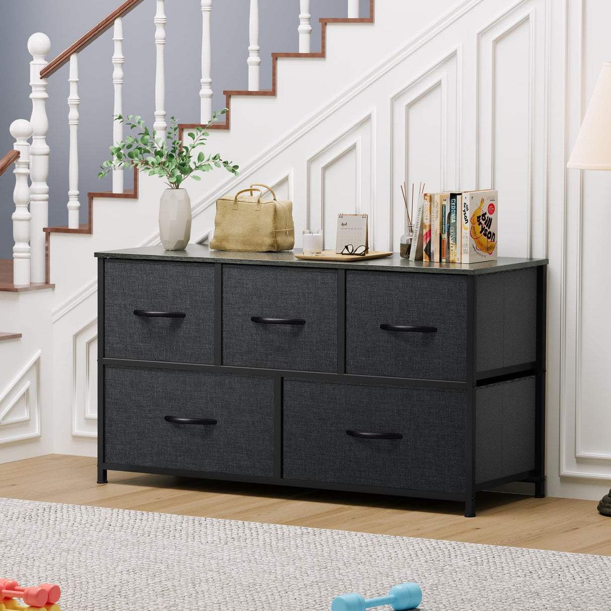 DWVO 5 Dresser for Bedroom, Fabric Dresser with 5 Drawers, Chest of Drawers for Closet, Black Dresser & Chest of Drawers DWVO