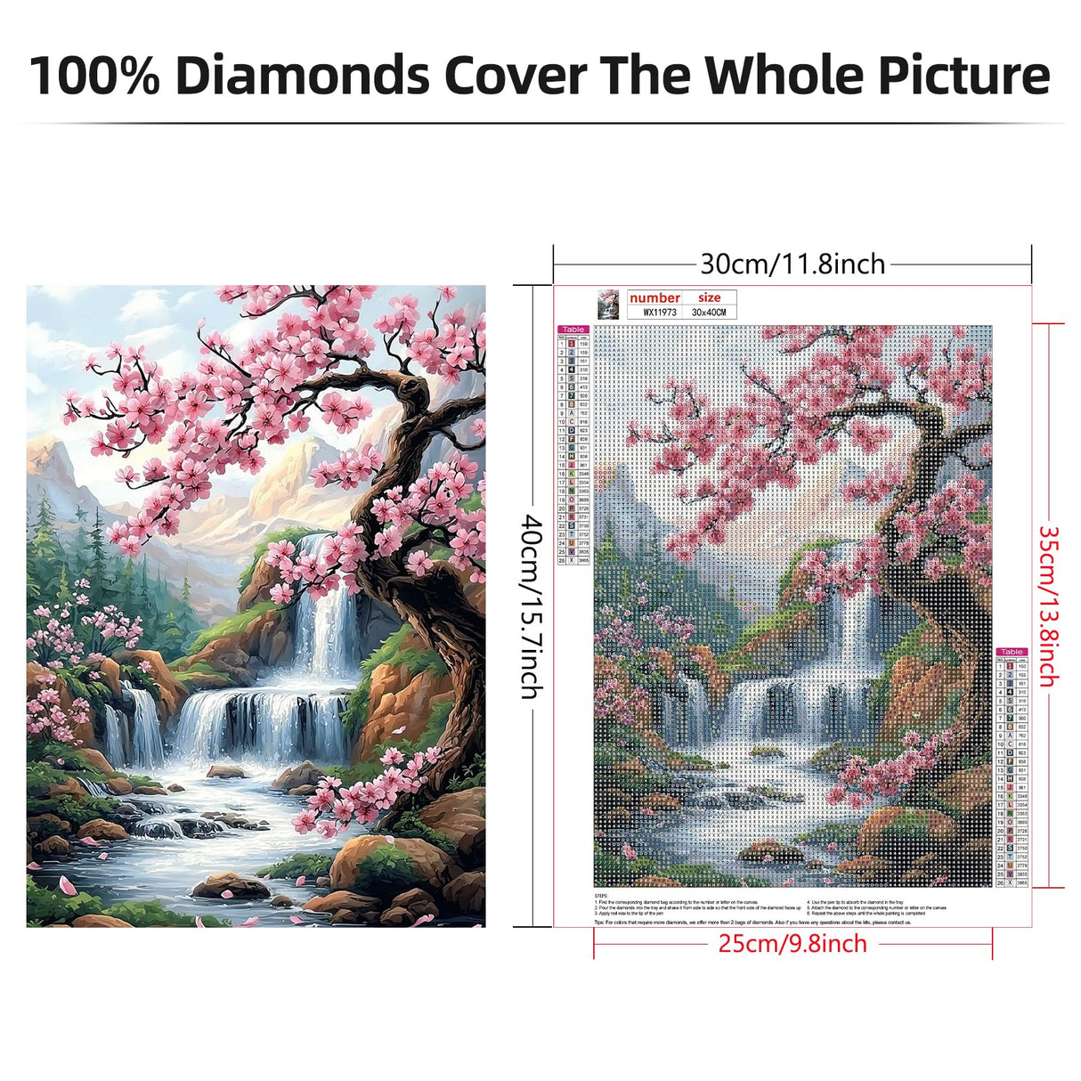 Lxmsja Cherry Blossoms Diamond Art Kits for Adults, Waterfalls Diamond Painting Kits for Beginners, 5D DIY Full Drill Gem Art Crafts for Adults, Home Wall Decor 12x16 inch Lxmsja