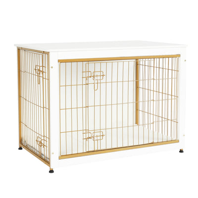 DWANTON Dog Crate Furniture with Cushion, Wooden Kennel Table with Double Doors, Indoor Dog House, Large Size, 38.5" L, White