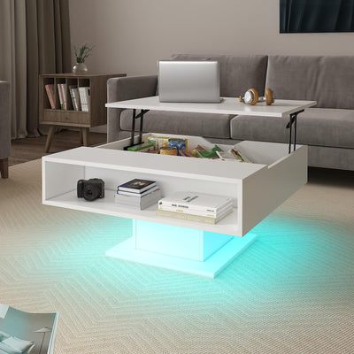 HedoAjim White 30.7" Lift Top Coffee Table with Storage, Square Led Coffee Table with Large Hidden Storage, Wood Living Room Table Led Center Table for Dining Reception Room