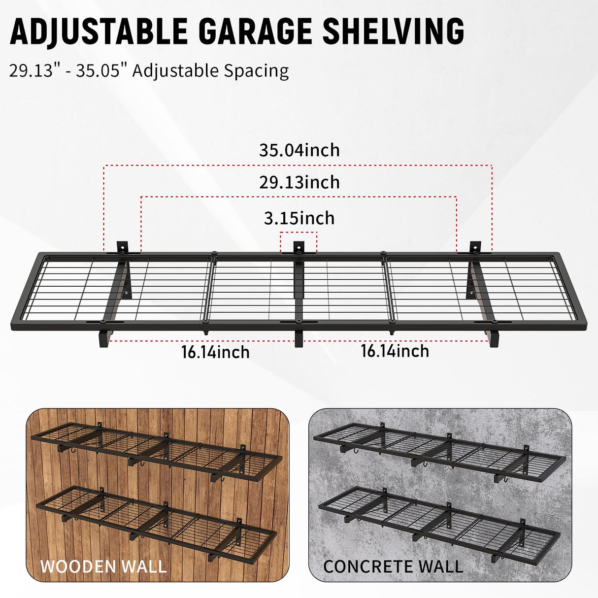 2 Pack Garage Wall Shelves, 46"X 12.5" Garage Shelving Wall Mounted, Heavy Duty Shelf Organizer with 8 Hooks, Black Floating Storage Metal Rack 320 LBS Capacity for Laundry Room, Office, Basement Riciakik