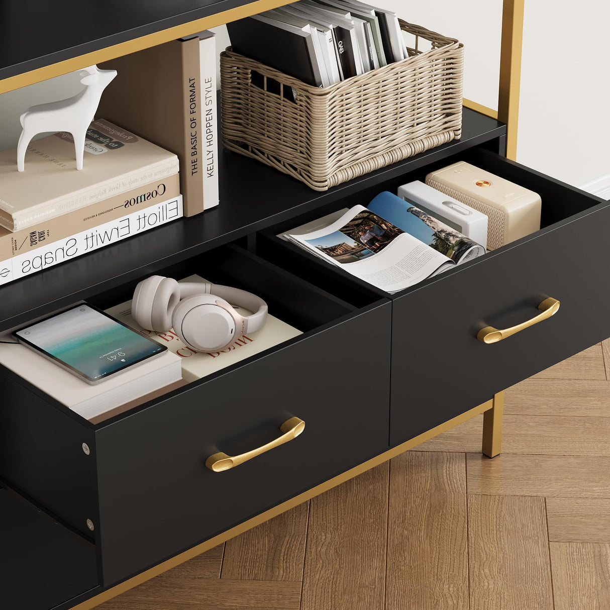 HITHOS 5 Tier Bookshelf with Drawers, 71" Tall Bookcase with Shelves, 35.4" Wide Free Standing Book Storage Shelf, Modern Wood Display Cabinet for Living Room, Study, Home Office, Gold Black HITHOS