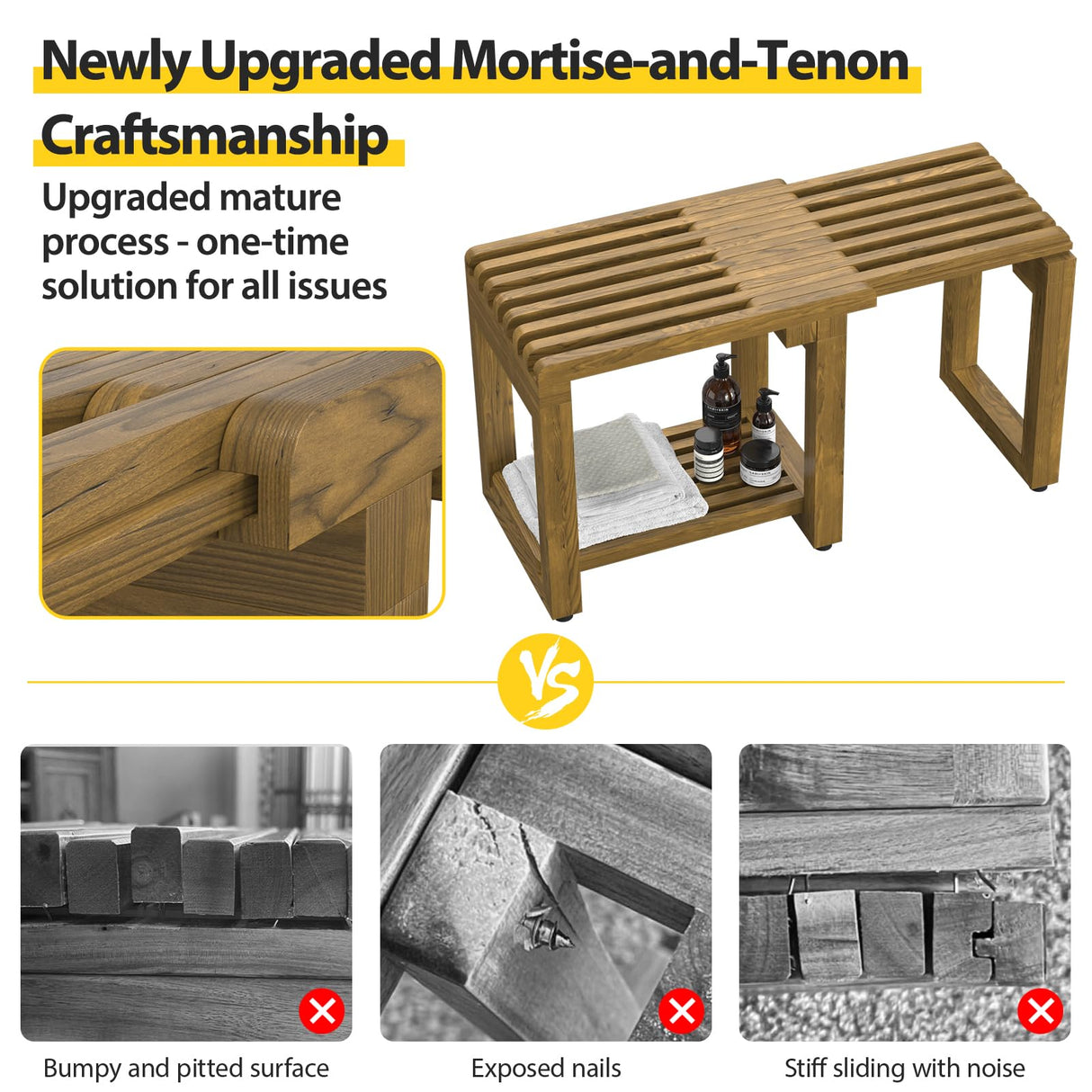 Update Adjustable Wooden Shower Benches for Inside Shower, 26.4'' Wood Shower Bench Waterproof, 440lbs Bathroom Bench with Storage, Sauna Bench for Bathroom, Shower Chairs for Seniors Adults Elderly WXCOPON