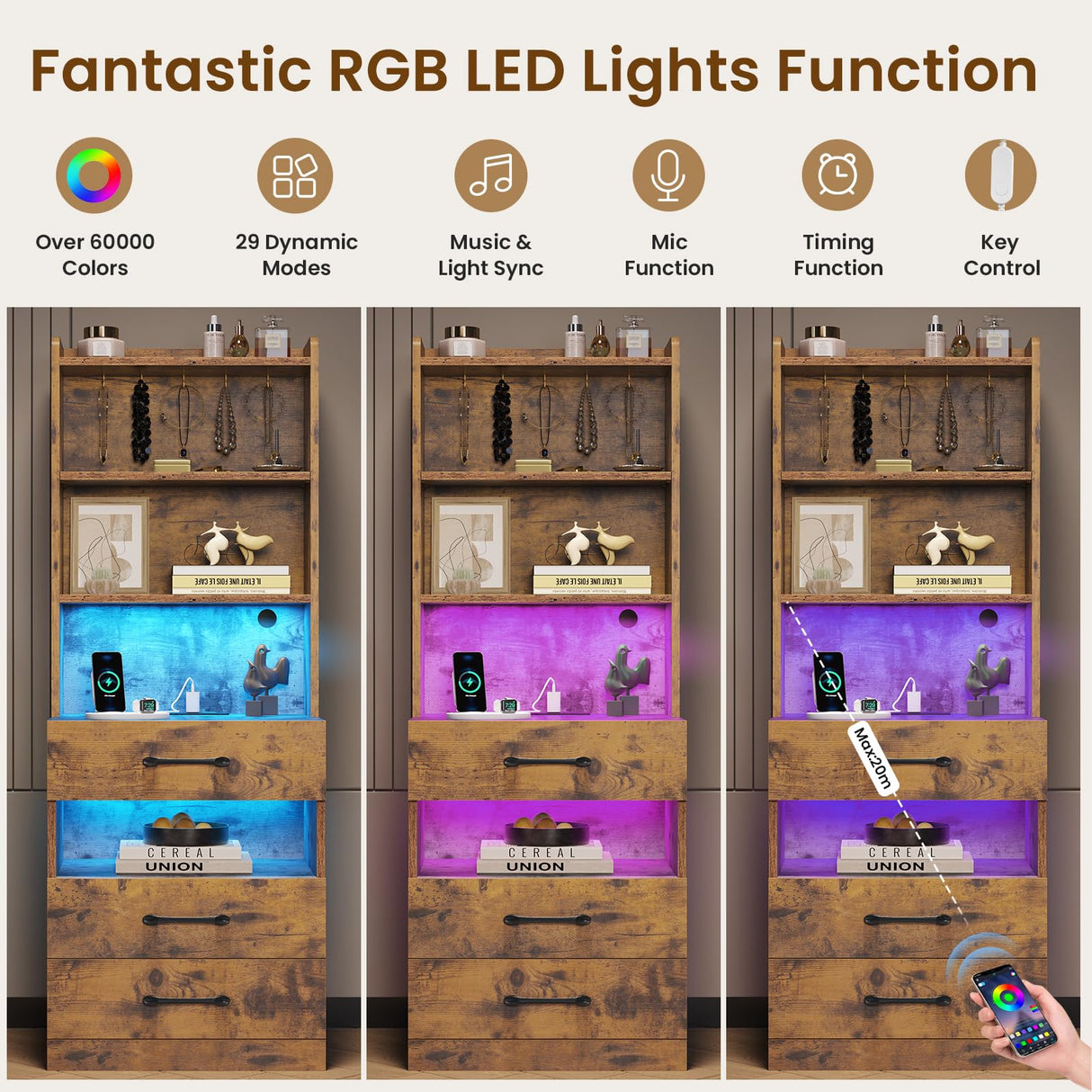 VIAGDO Tall Nightstand Set of 2 with Charging Station and LED Lights, Rustic Brown Night Stand Set 2 with Bookshelf, Modern LED Bedside Tables with 3 Drawers and Storage Shelves, Side Tables Bedroom VIAGDO