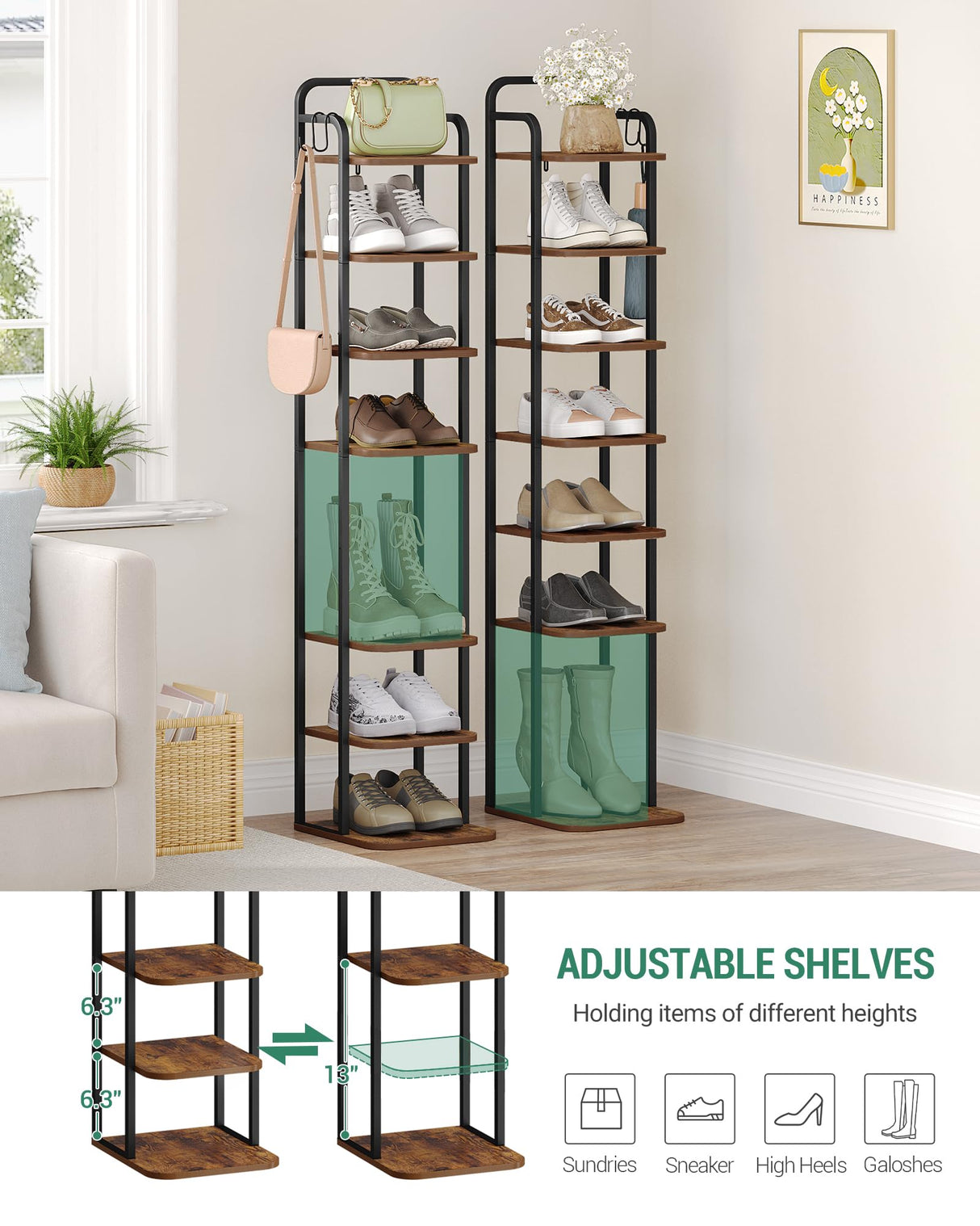 Hzuaneri 8 Tiers Vertical Shoe Rack, Narrow Shoe Tower, Tall Shoes Shelf with 2 Hooks, Adjustable Shelves, Corner Shoes Shelves for Small Spaces, Entryway, Living Room, Rustic Brown SR04301B Hzuaneri