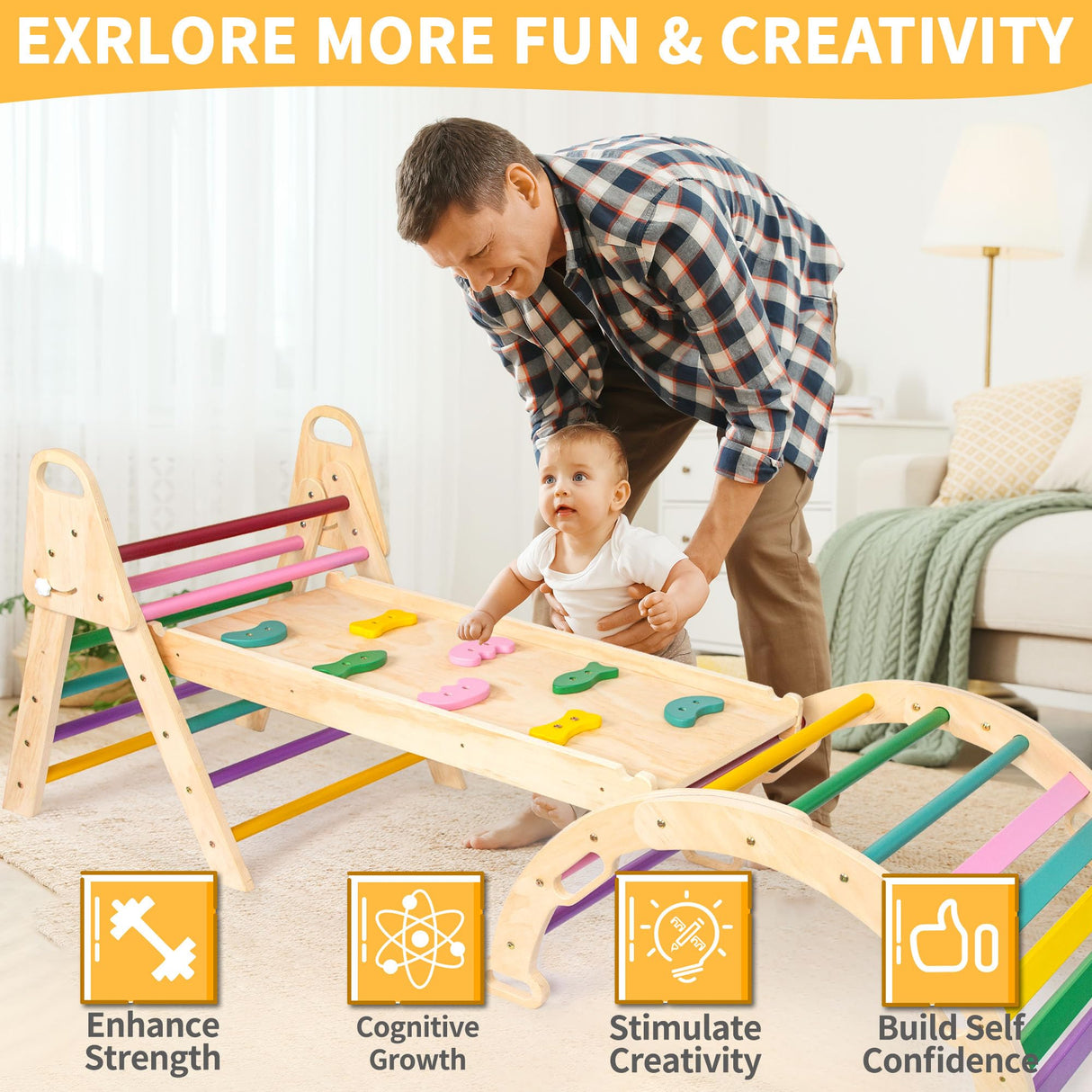 RMOKA Indoor Climbing Toys for Toddlers 1-3, 7in1 Extra Large Pikler Triangle Set, Foldable Wooden Montessori Climbing Set with Arch, Ramp & Ladder Baby Indoor Playground Jungle Gyms for Toddlers RMOKA