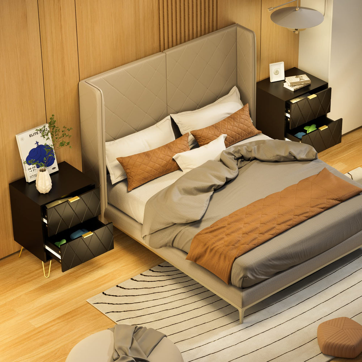 Anbuy 9 Drawer Dresser and Night stand Sets for Bedroom, Two Drawers Nightstand Set of 2 & 9 Drawer Dresser Combo 3 Pieces (Black) Anbuy