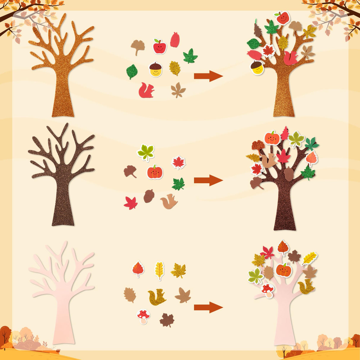 JAPBOR Fall Tree Crafts for Kids - 224PCS DIY Autumn Foam Stickers Art Craft Kit, Glitter Self Adhesive Tree Bulk, Make Your Own Thanksgiving Party Game Supplies for Home Classroom School Activities JAPBOR