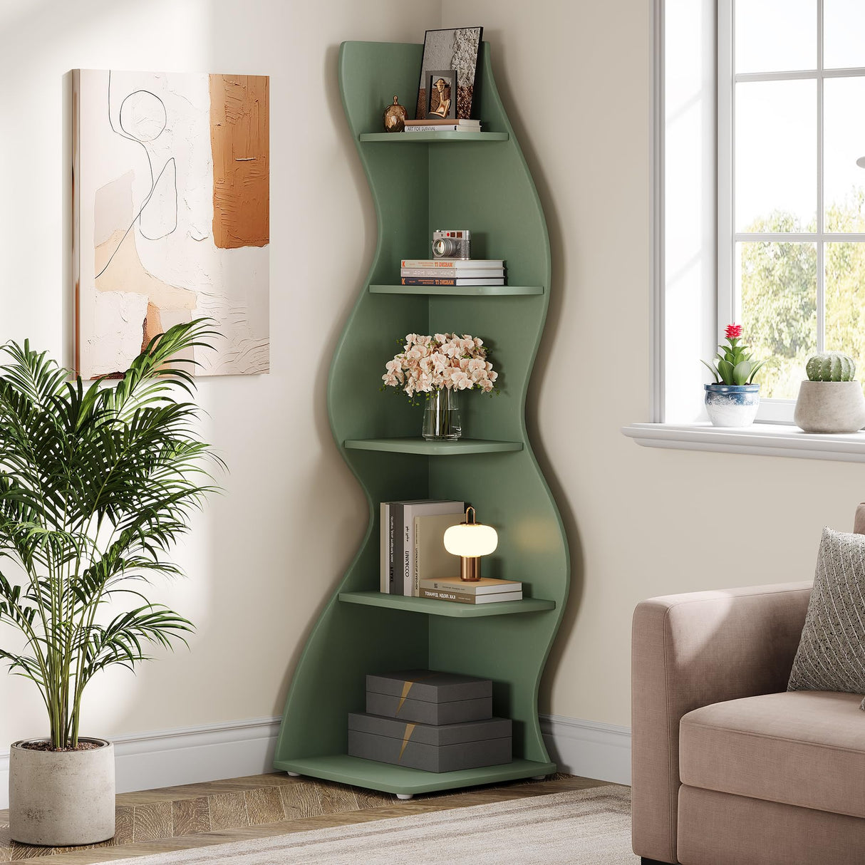Tribesigns Wavy Corner Shelf, Modern 5-Tier Bookshelf Bookcase with Curvy Shape, Unique Plant Stand Display Rack for Living Room Small Space (Green) Tribesigns