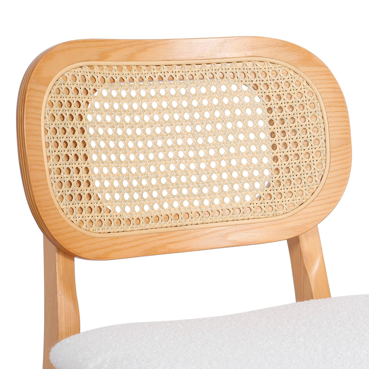 RUOVU Counter Height Bar Stools Set of 3, Rattan Barstools with Back and Natural Wood Frame, White Boucle Fabric Upholstered Bar Chairs, Mid Century Modern Farmhouse Counter Stool for Kitchen Island RUOVU