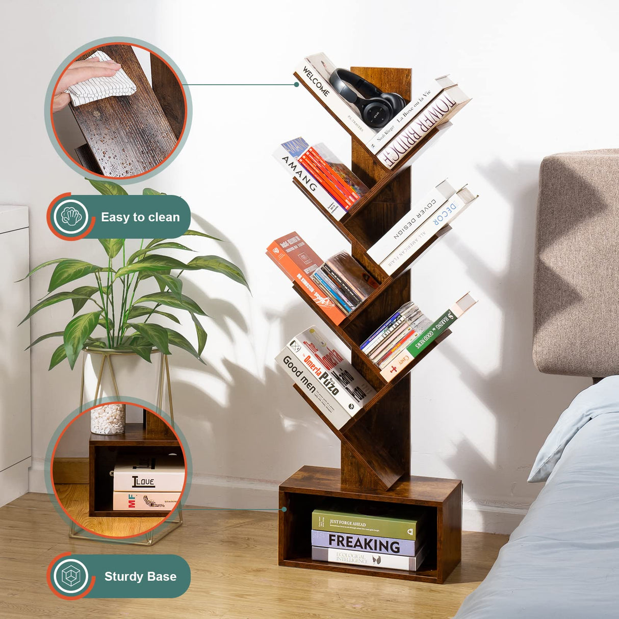 Yoobure Rustic Brown Tree Bookshelf - 6-Shelf Tall Book Storage Rack for Home and Office Yoobure