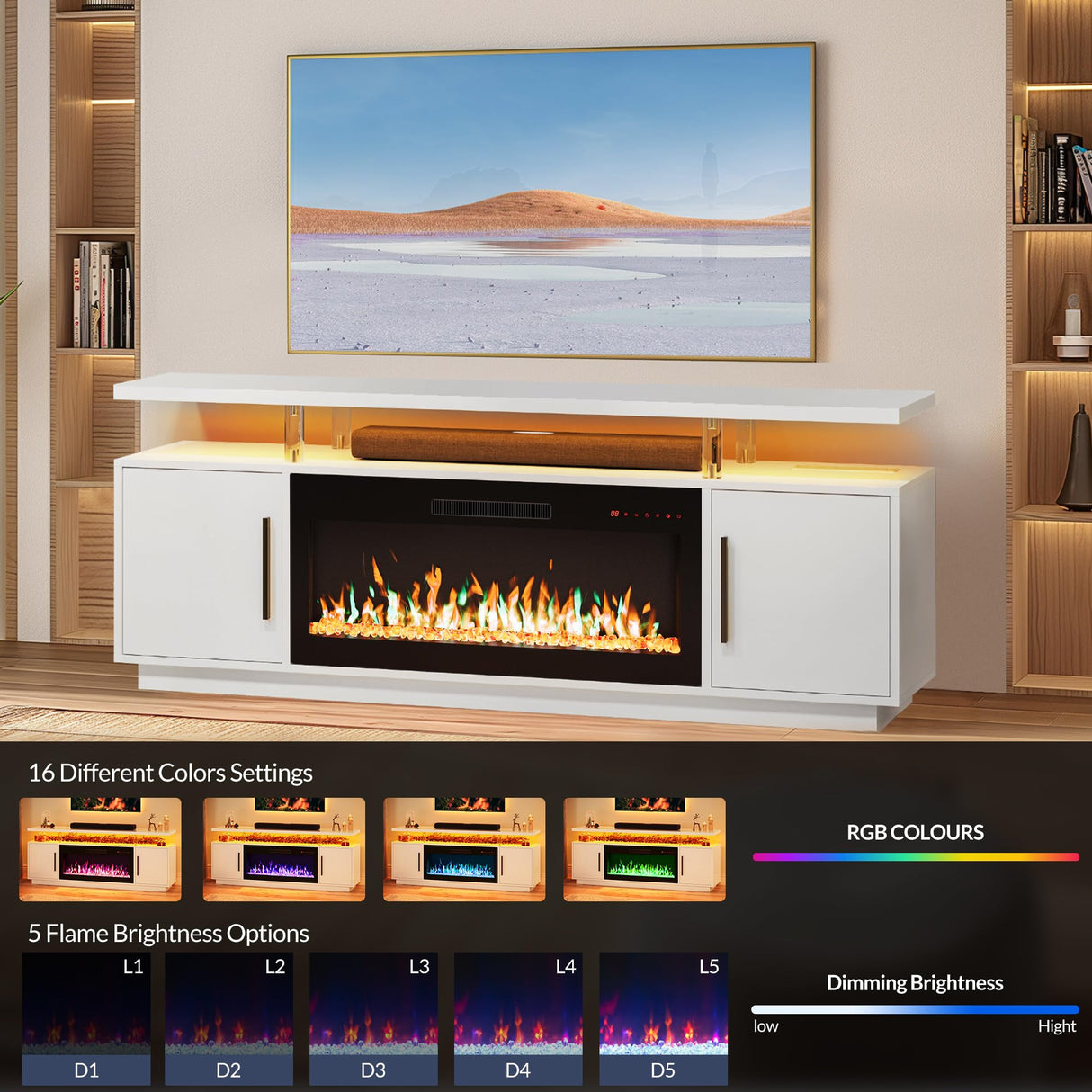 BELLEZE 70" TV Stand for TVs up to 75", LED Light Entertainment Center with 36" Electric Fireplace Heater, Storage Cabinet with USB AC Outlet, Media Console Table for Living Room - Avenue(White) BELLEZE