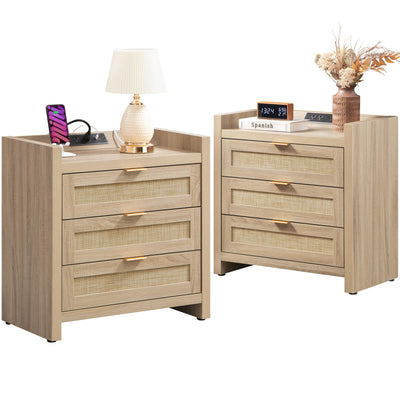 SICOTAS Rattan Nightstands Set of 2 Bedside Table - Larger Night Stand with Type-C Charging Station, 3 Drawers Storage - Boho Night Stands End Table for Bedroom - Light Oak