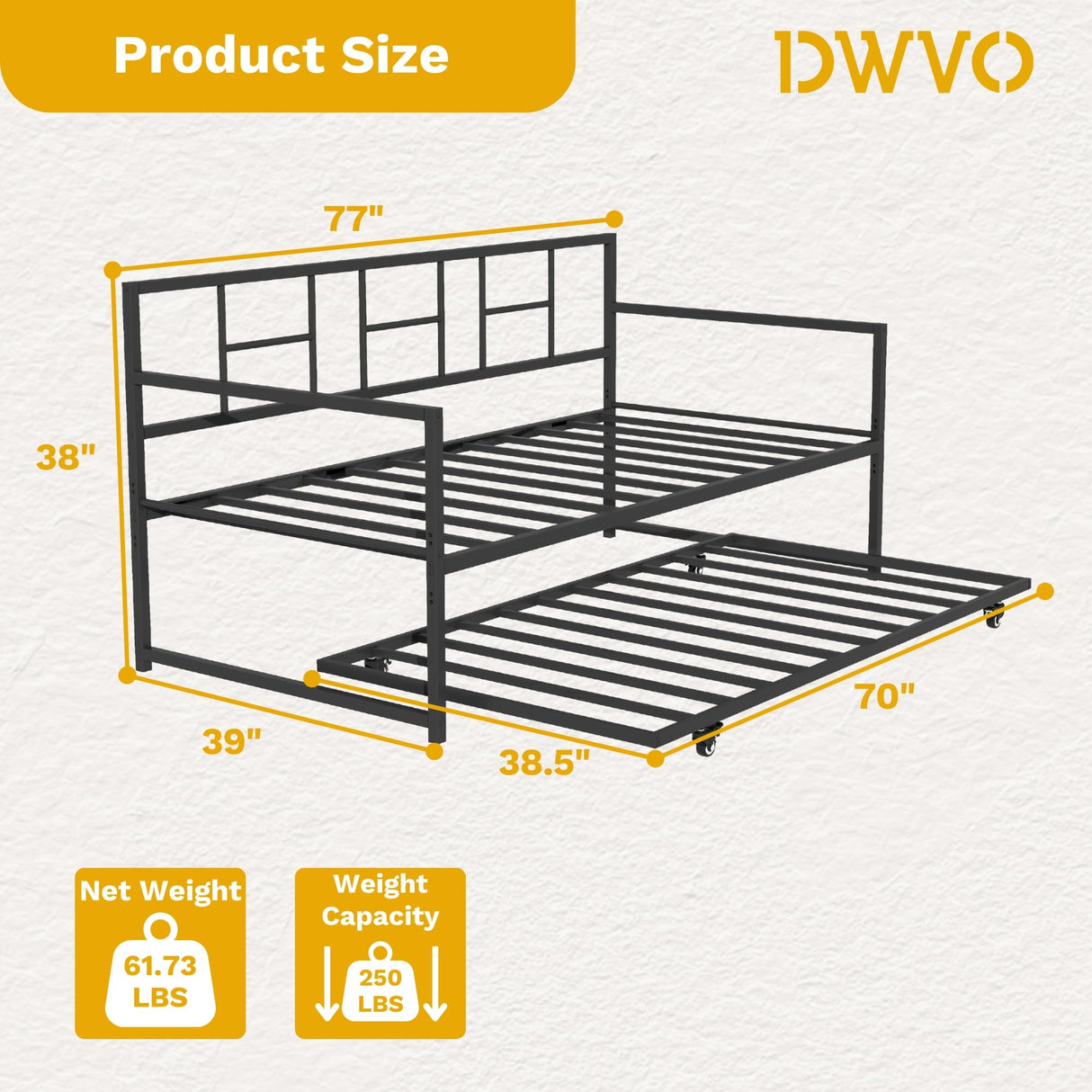 DWVO Twin Daybed with Trundle, Twin Size Day Bed Frame with Pull Out Trundle, Heavy Duty Metal Sofa Bed Frame for Living Room and Guest Room, Black DWVO
