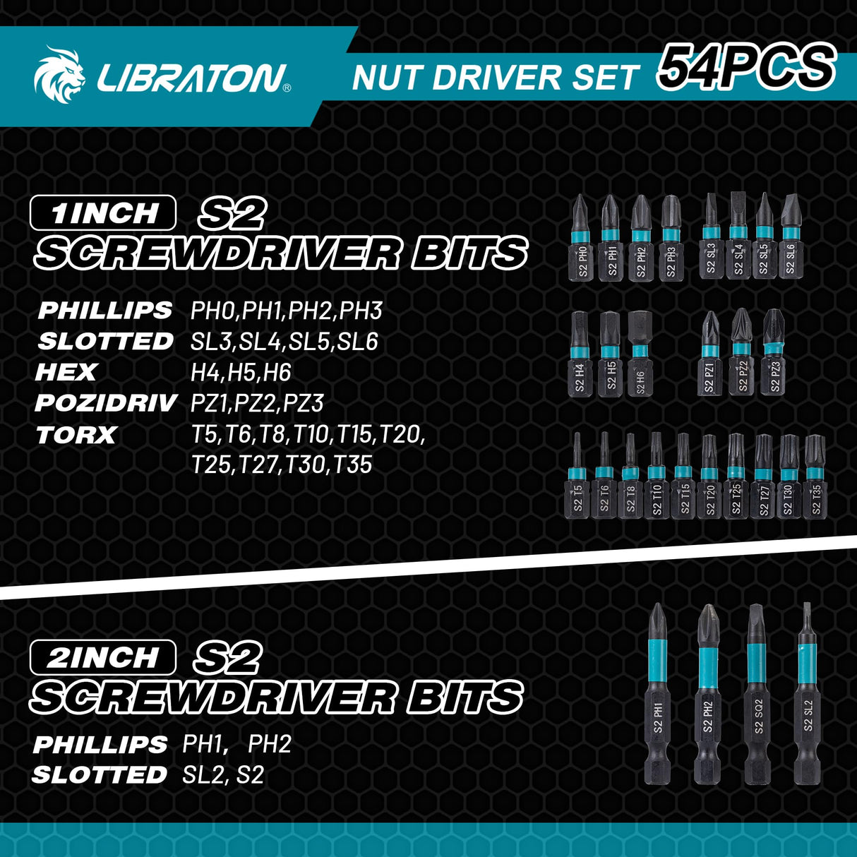 LIBRATON 54PCS Magnetic Nut Driver Set, Impact Drill Driver Bit 1/4", Metric & SAE Nut Driver for Impact Drill, Socket Adapters, Screwdriver Bits, Quick-Release Extension, Wing Nut Driver, Storage Box LIBRATON