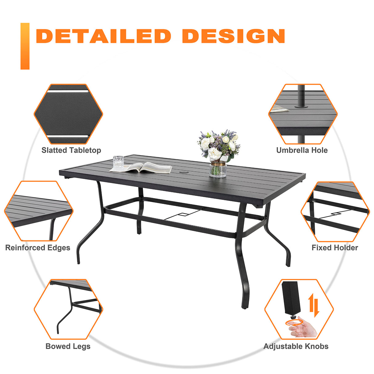 NUU GARDEN 7 Piece Outdoor Dining Set, 6 Swivel Patio Chairs and 1 Dining Table with 1.57 Inch Umbrella Hole, Iron Patio Furniture Set for Lawn Backyard Balcony, Black and Brown NUU GARDEN
