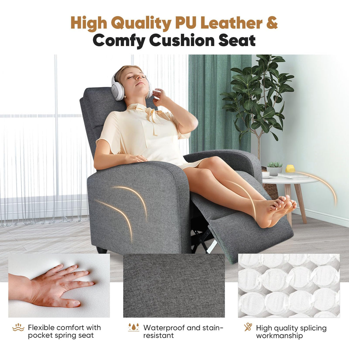 DUMOS Recliner Chair for Adults, Massage Reclining Chair for Living Room, Adjustable Home Theater Seating Single Sofa with Padded Seat Backrest and Footrest, Linen, Grey DUMOS