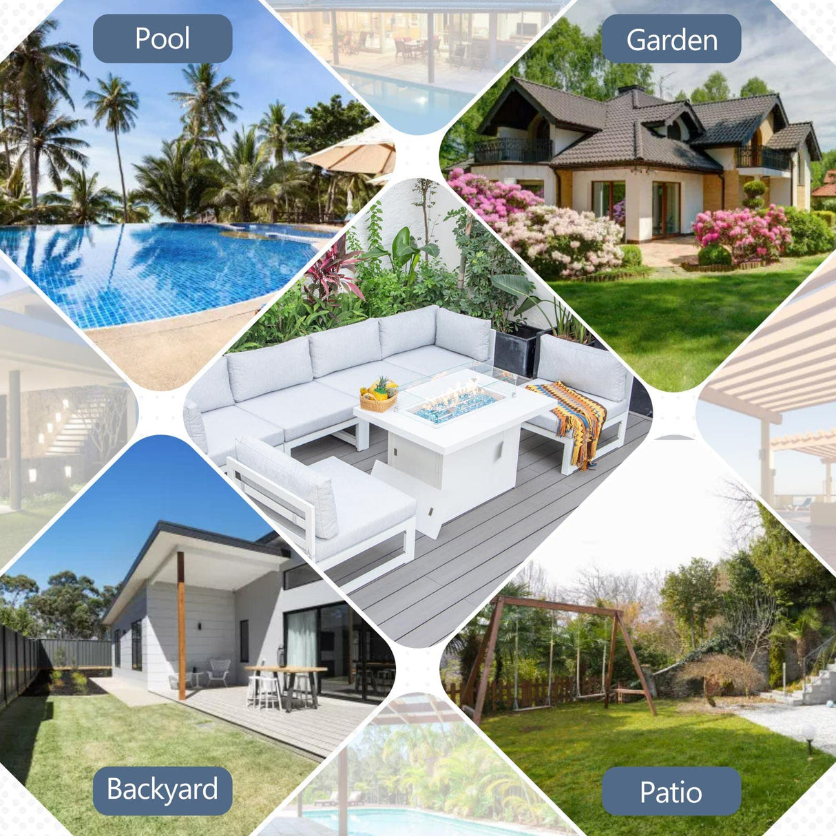 RADIATA 9 Pieces Aluminum Patio Furniture Set with Fire Pit Table, Morden Outdoor Sectional Sofa, Large Conversation Seat with Thick Cushion for Garden Backyard Deck Porch (White) RADIATA