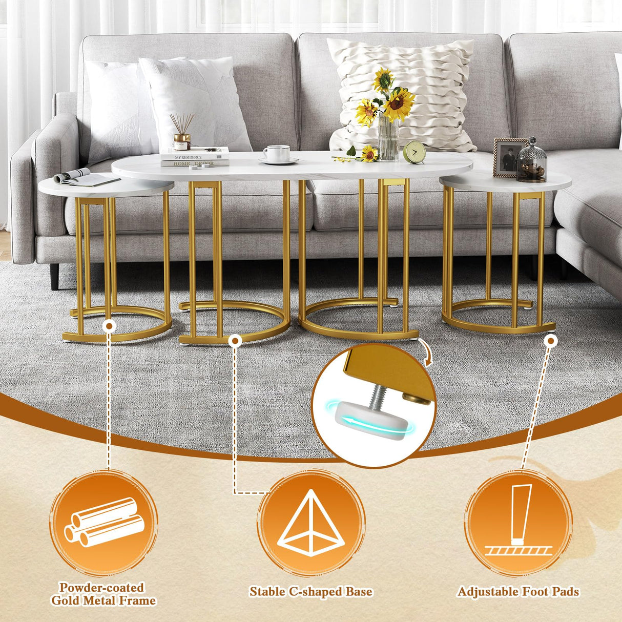Giantex Nesting Coffee Table Set of 3, Stacking Side Tables with Faux Marble Tabletop & Gold Metal Frame, Oval Coffee Table & 2 Round End Tables, 3-Piece Modern Living Room Table Set for Apartment Giantex